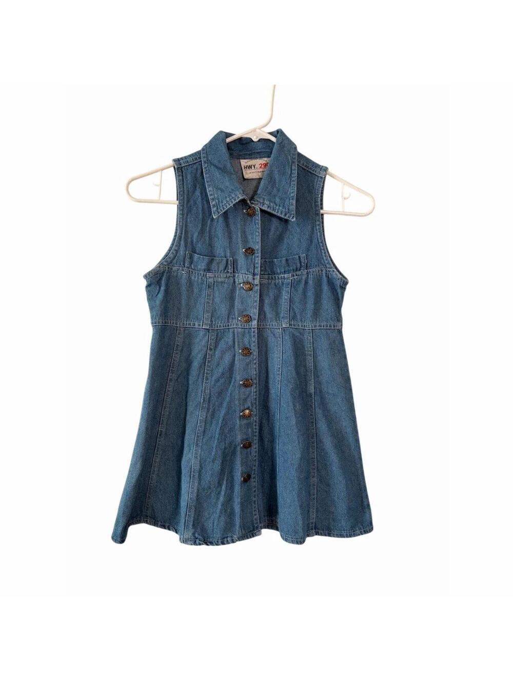 Vintage 90s HWY 290 Jean Company Shirt Dress Girls Size 10 Blue Denim Sleeveless